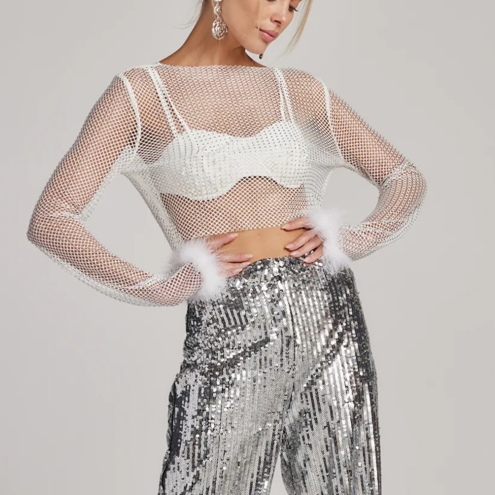 Sheer rhinestone top with feather cuffs